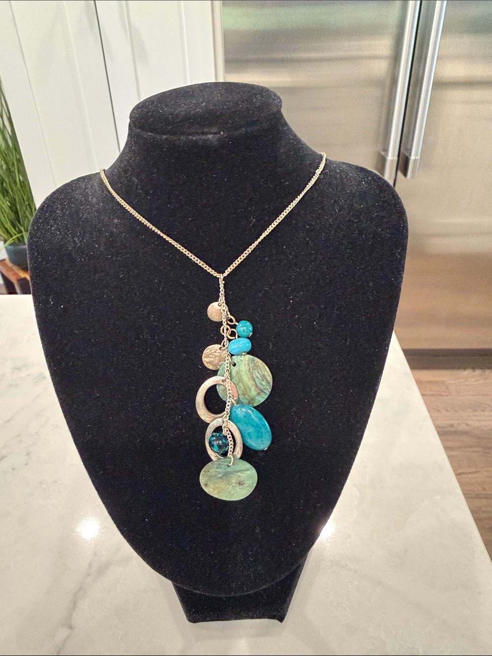 Silver Chain Necklace with Turquoise and Abalone Disc Pendant